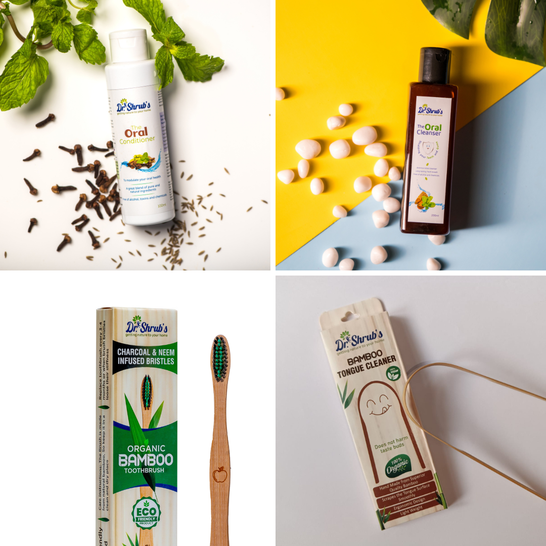 Dr.Shrub's Complete Oral Care Kit- Natural mouthwashes+ Organic bamboo toothbrush+ tongue cleaner