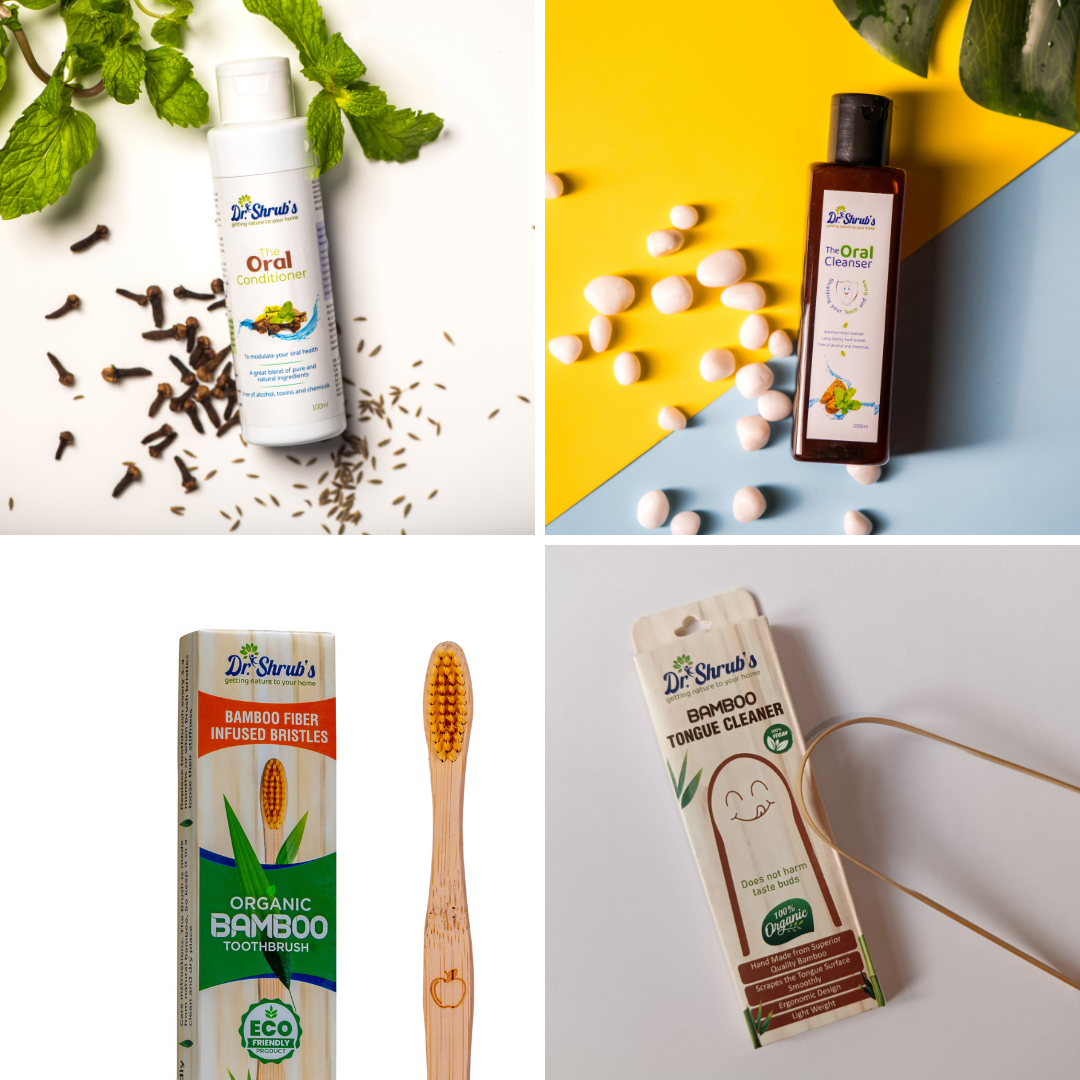Dr.Shrub's Complete Oral Care Kit- Natural mouthwashes+ Organic bamboo toothbrush+ tongue cleaner
