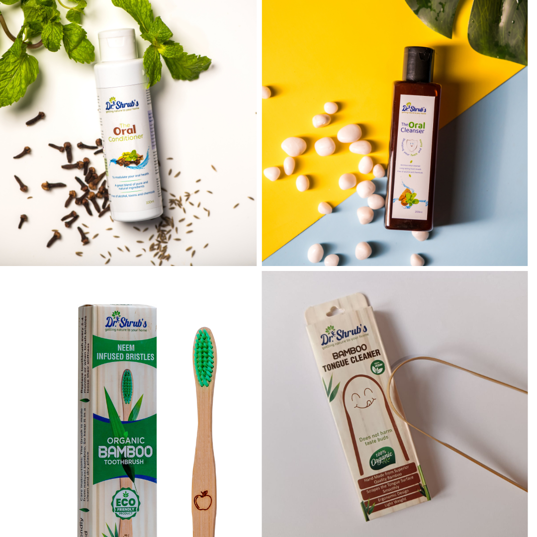 Dr.Shrub's Complete Oral Care Kit- Natural mouthwashes+ Organic bamboo toothbrush+ tongue cleaner