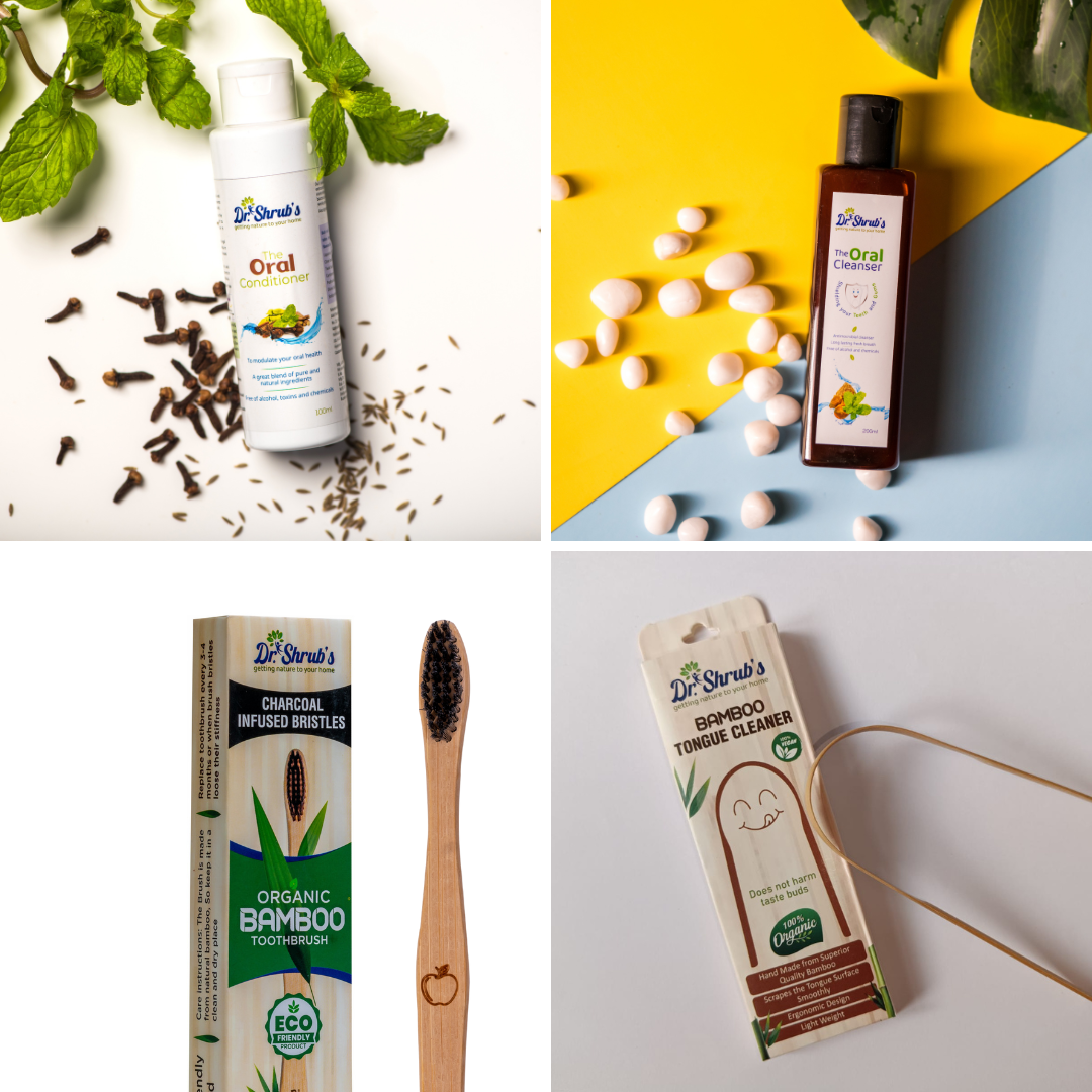 Dr.Shrub's Complete Oral Care Kit- Natural mouthwashes+ Organic bamboo toothbrush+ tongue cleaner